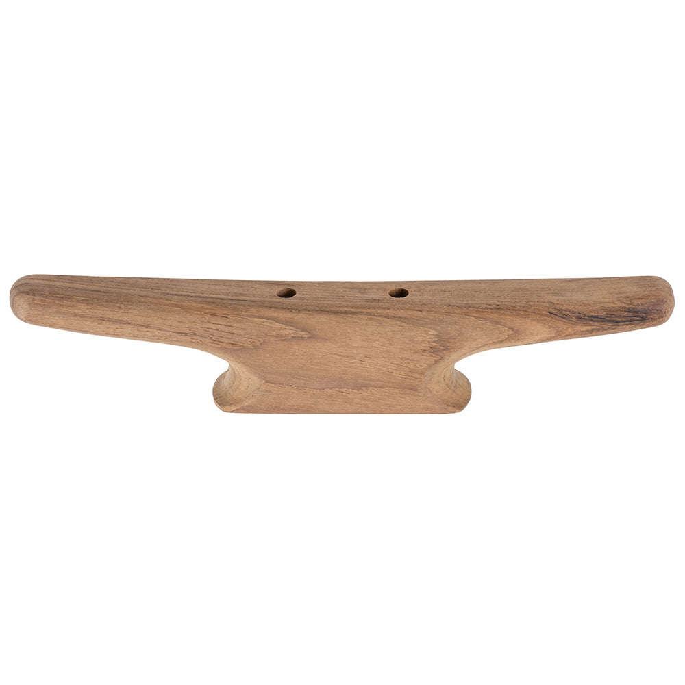 Whitecap 12-inch teak cleat mounted on polished teak surface, designed for marine or dock use.