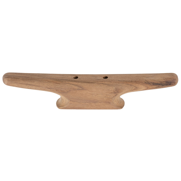 Whitecap 12-inch teak cleat mounted on polished teak surface, designed for marine or dock use.