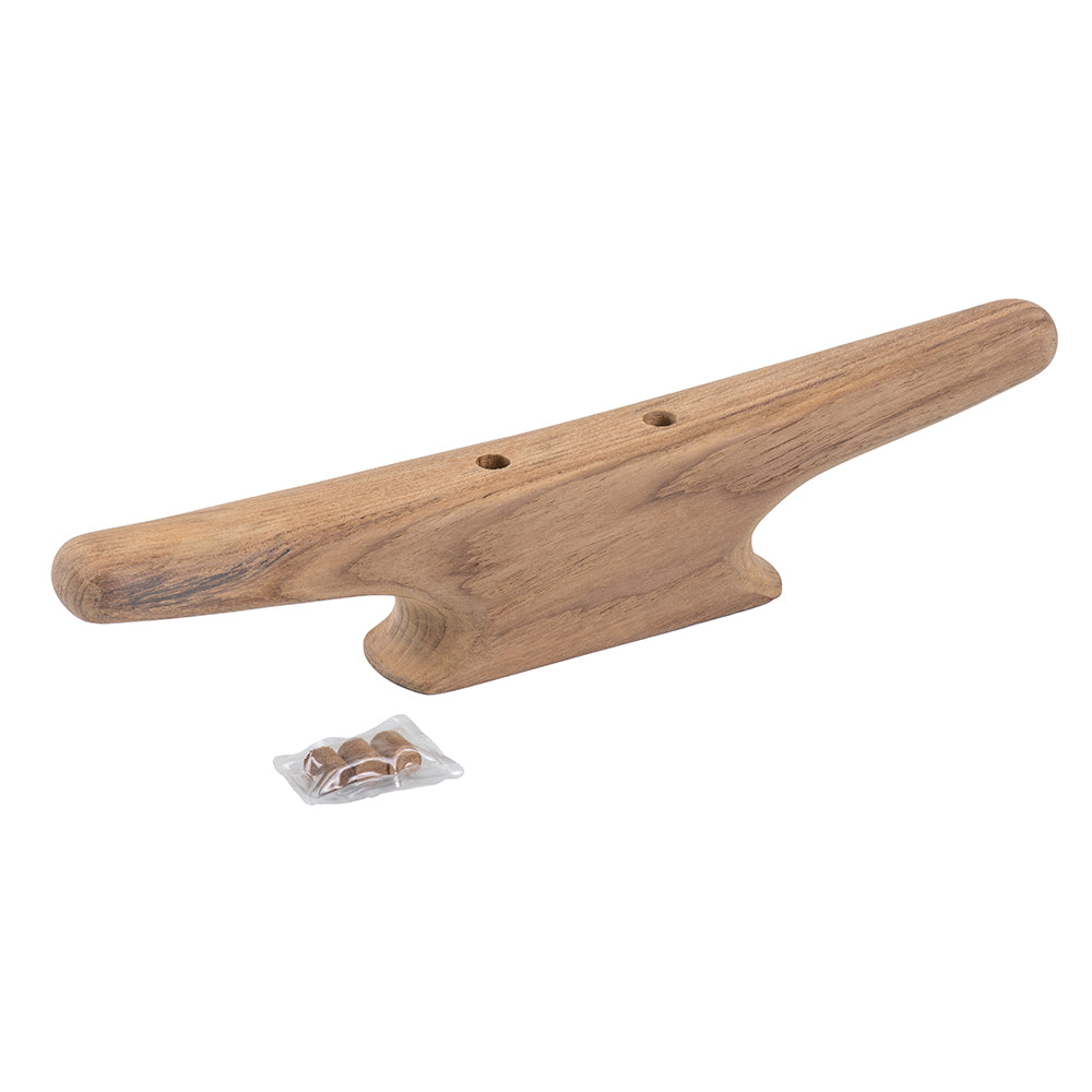 Whitecap 12-inch teak cleat, durable marine hardware, shown in natural teak finish for boat or dock installation.