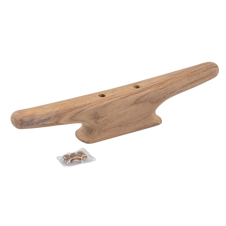 Whitecap 12-inch teak cleat, durable marine hardware, shown in natural teak finish for boat or dock installation.