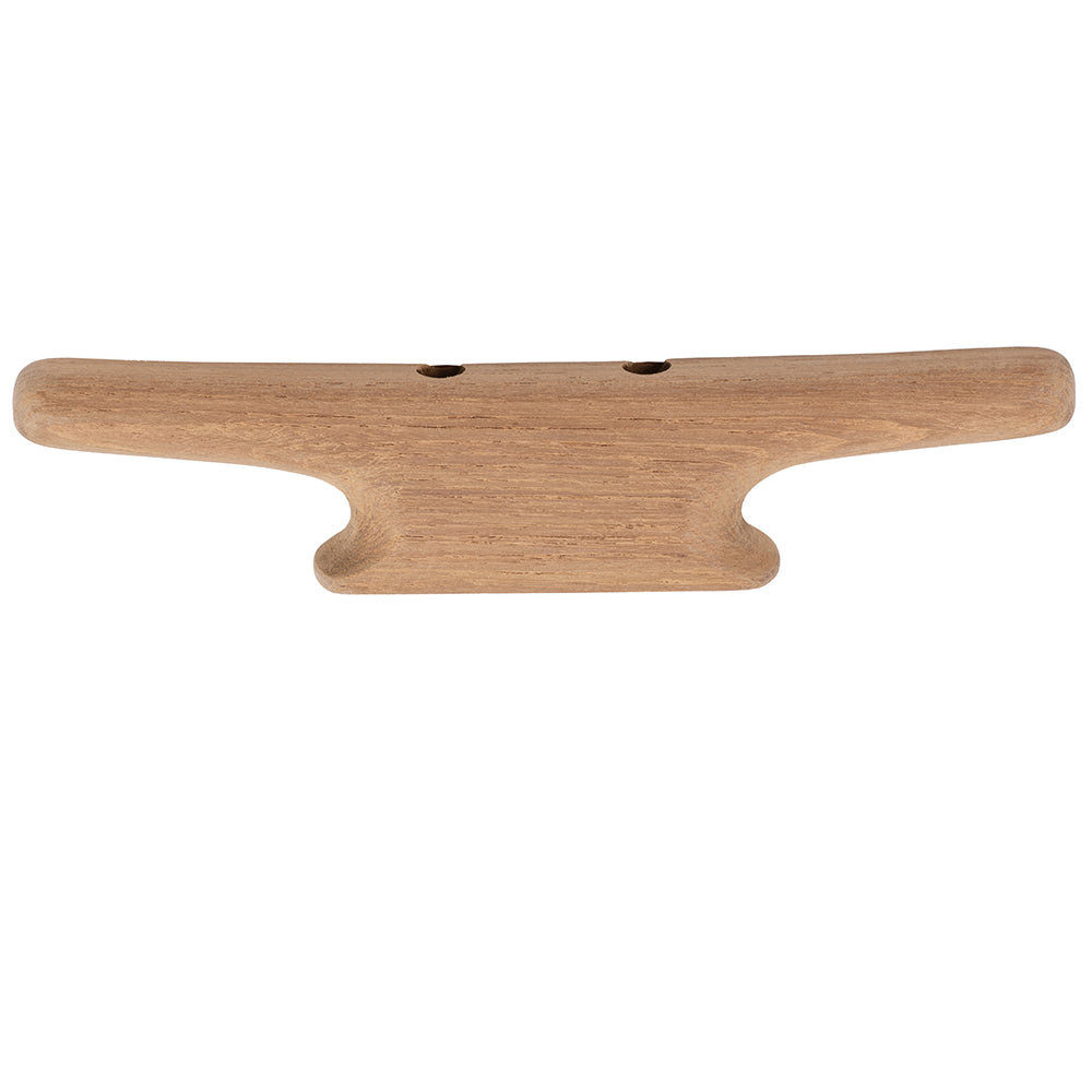 Whitecap 8-inch teak cleat installed on a boat, showcasing durable teak hardware for marine docking and securing purposes.
