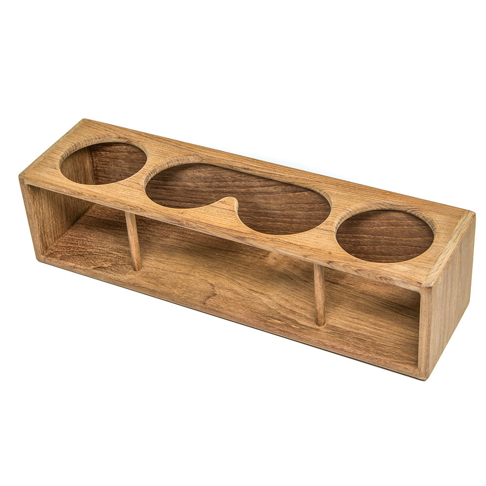 Whitecap teak four-drink and binocular rack, natural wood finish, designed for boat or outdoor use, with space for drinks and binoculars.