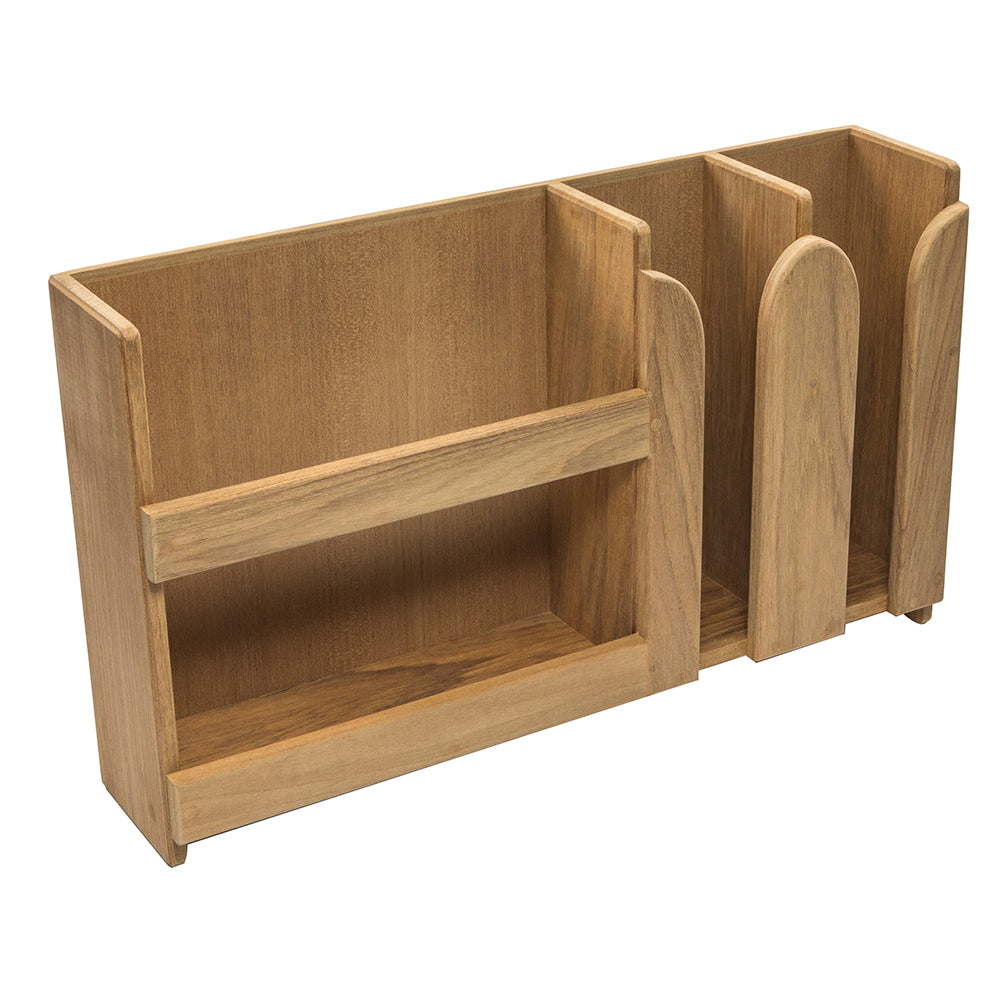 Whitecap teak dish and cup holder with natural wood finish, designed for outdoor or boat use, showcasing its sturdy construction.