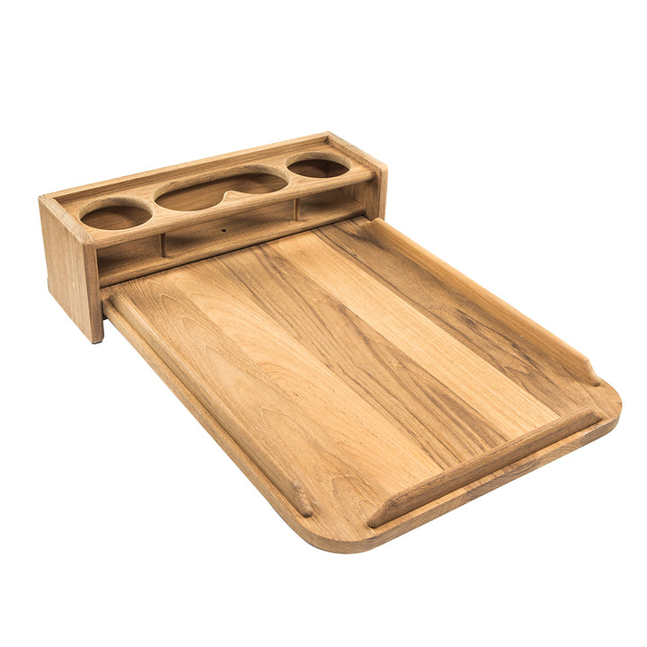 Whitecap teak drinkholder with removable cockpit table top holding four glasses, designed for boat or marine use.