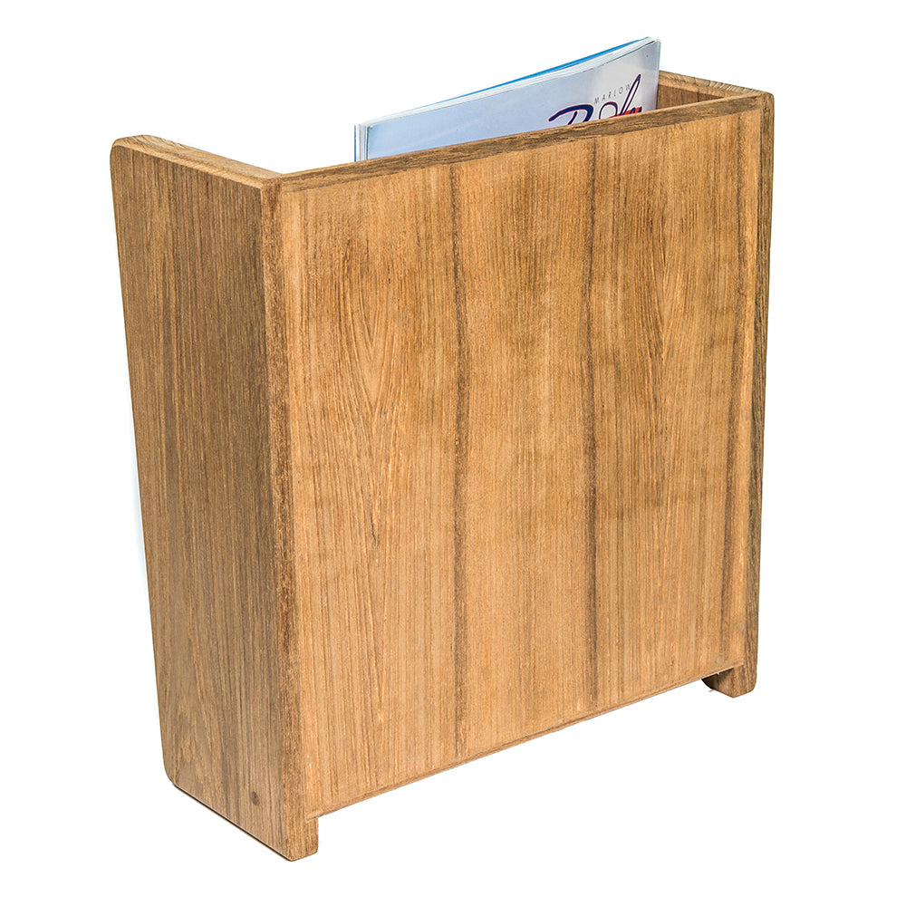 Whitecap teak magazine rack with front grate design, showcasing a sturdy, natural teak wood finish for stylish storage.
