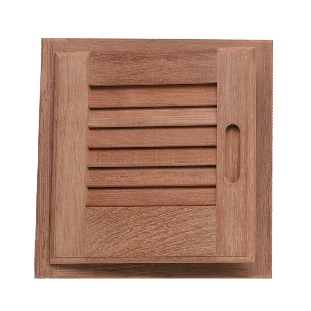 Whitecap teak louvered door and frame, left-hand, 12x12 inches, natural teak wood with slatted design and sturdy frame.