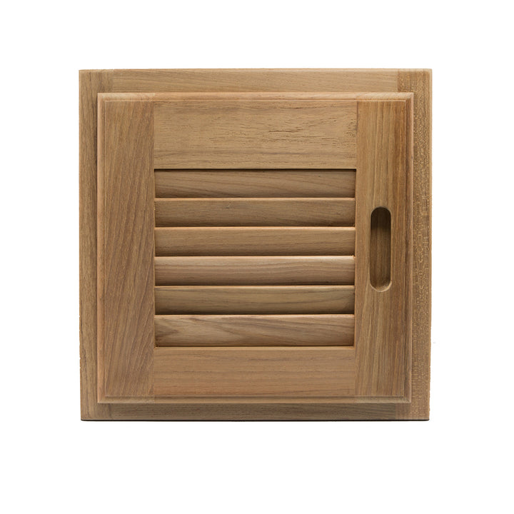 Whitecap teak louvered door and frame in right-hand configuration, 12x12 inches, showcasing teak wood with horizontal louvers.