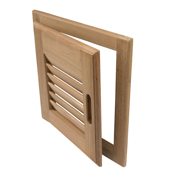 Whitecap teak louvered door with frame, right-hand opening, 12x12 inches, showcasing natural teak wood grain and louver design.