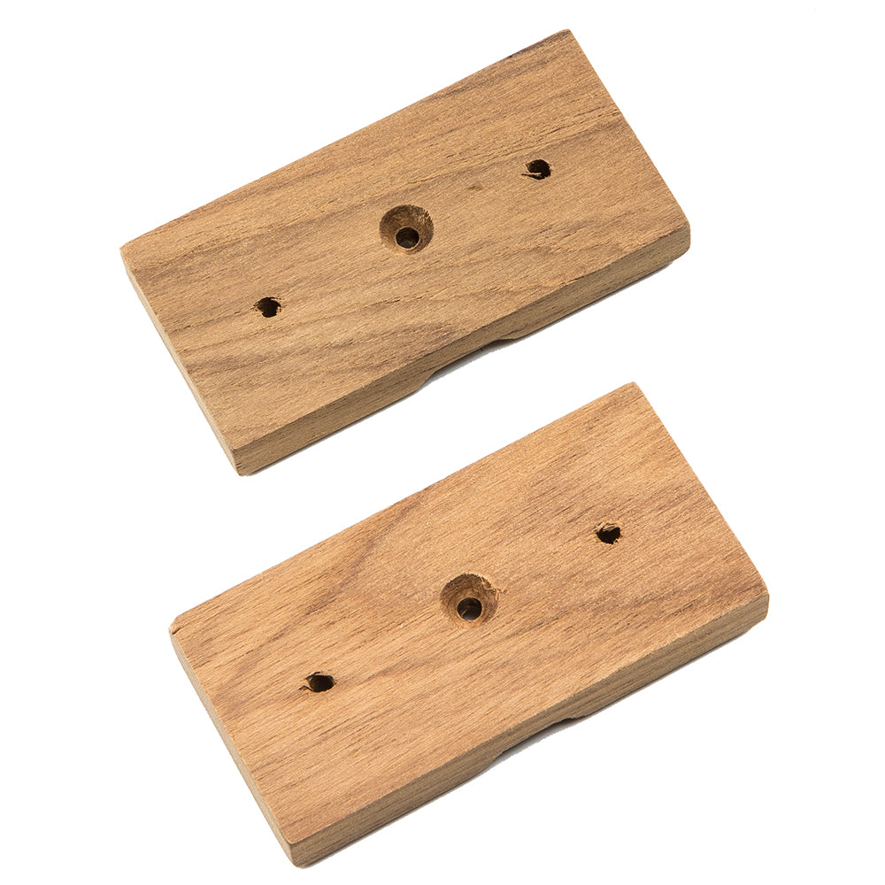 Pair of Whitecap teak rod storage rack mounting brackets, shown in natural teak finish with mounting holes for secure installation.