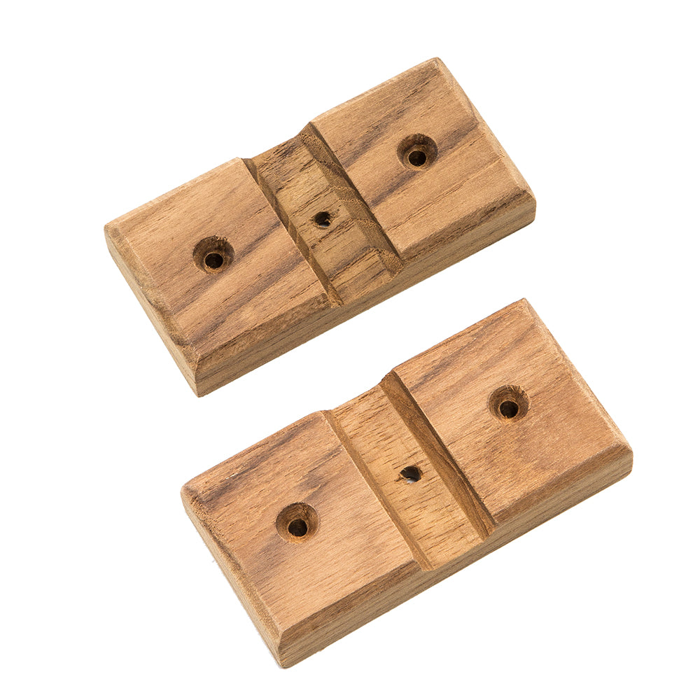 Pair of Whitecap teak rod storage rack mounting brackets, shown in natural wood finish for secure boat rod storage.