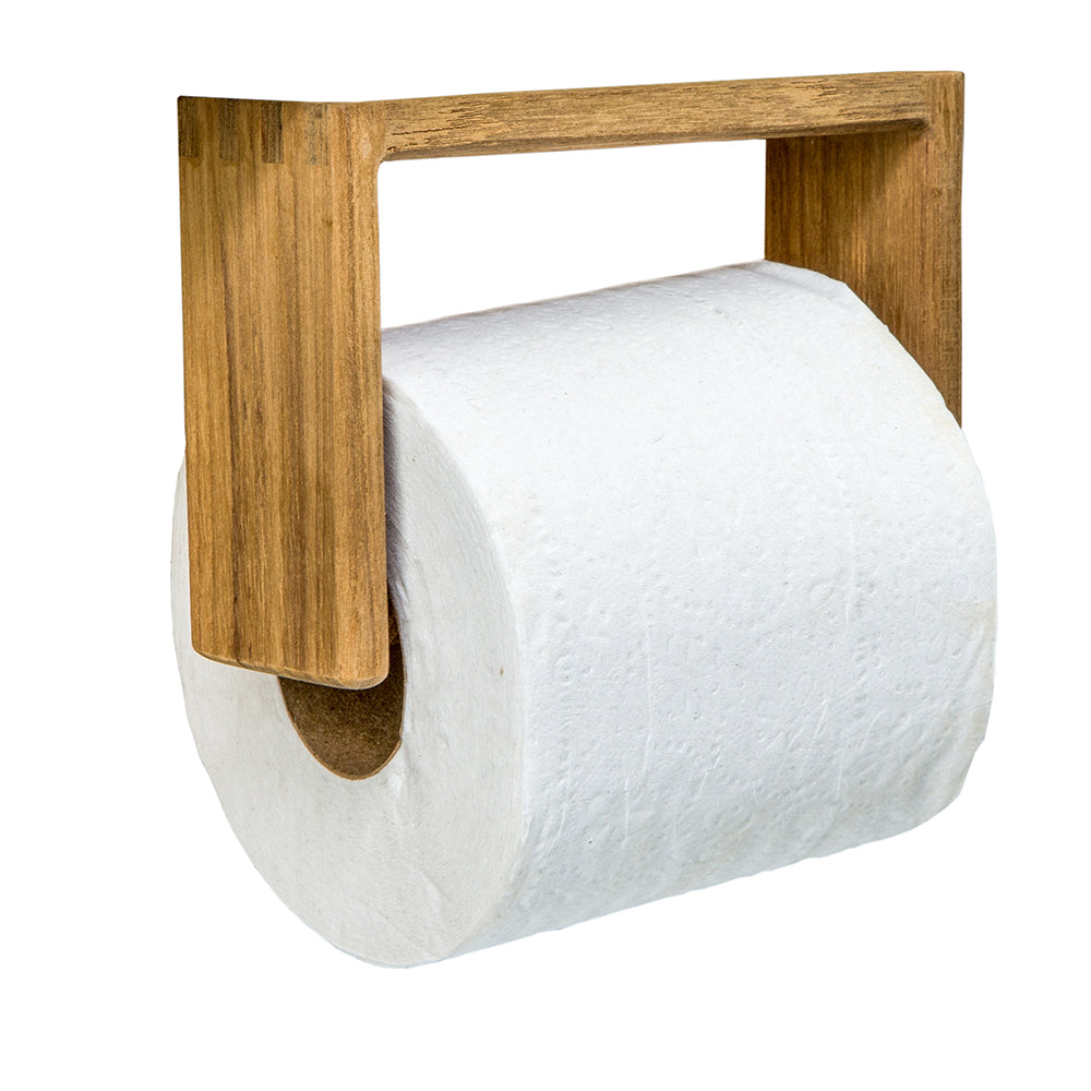 Whitecap teak toilet tissue rack mounted on wall, featuring a sleek rectangular design and natural teak wood finish.