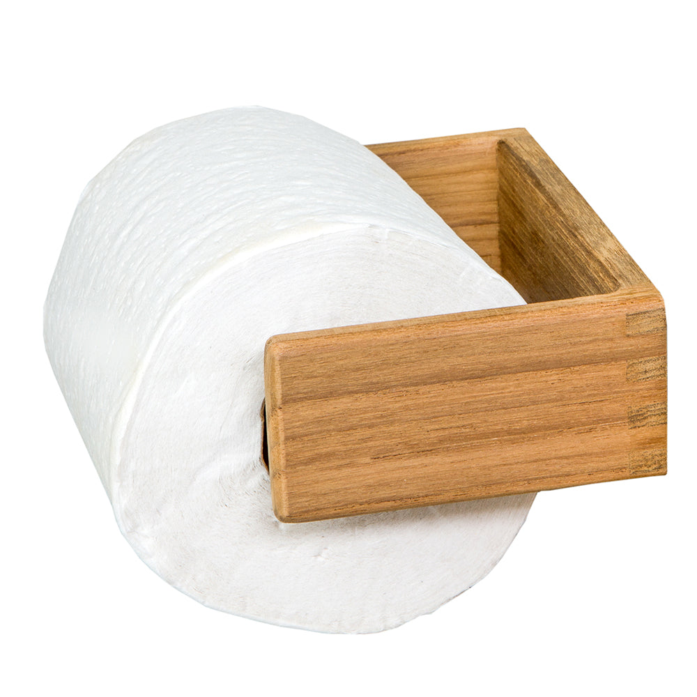 Whitecap teak toilet tissue rack mounted on bathroom wall, made of durable teak wood for stylish bathroom storage