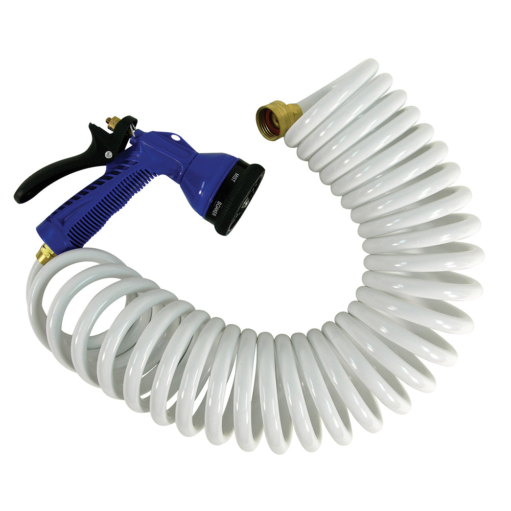 Whitecap 25-foot white coiled washdown hose with adjustable nozzle for pressure washing and cleaning tasks.