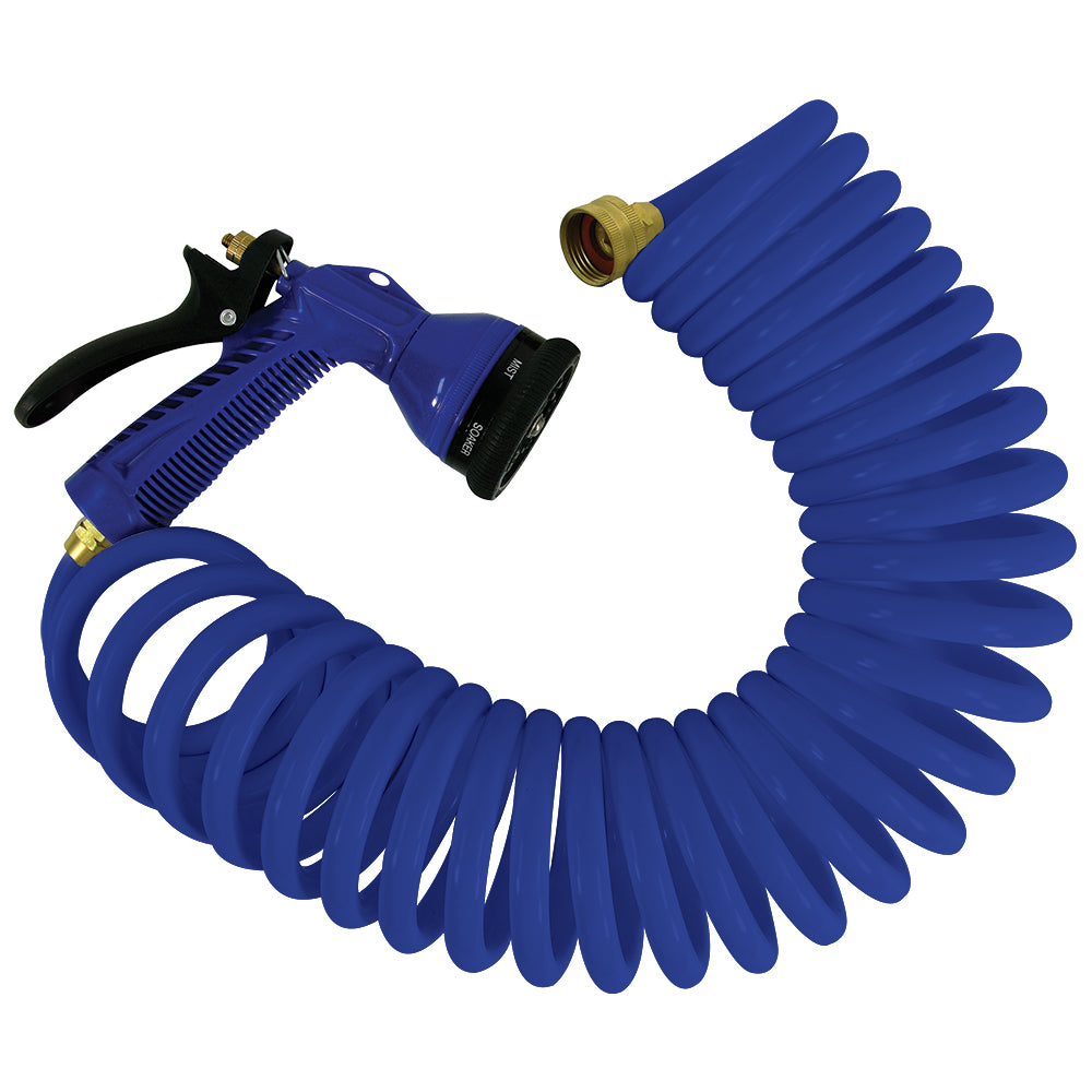 Whitecap 50-foot blue coiled washdown hose with adjustable nozzle, ideal for pressure washing and water delivery.