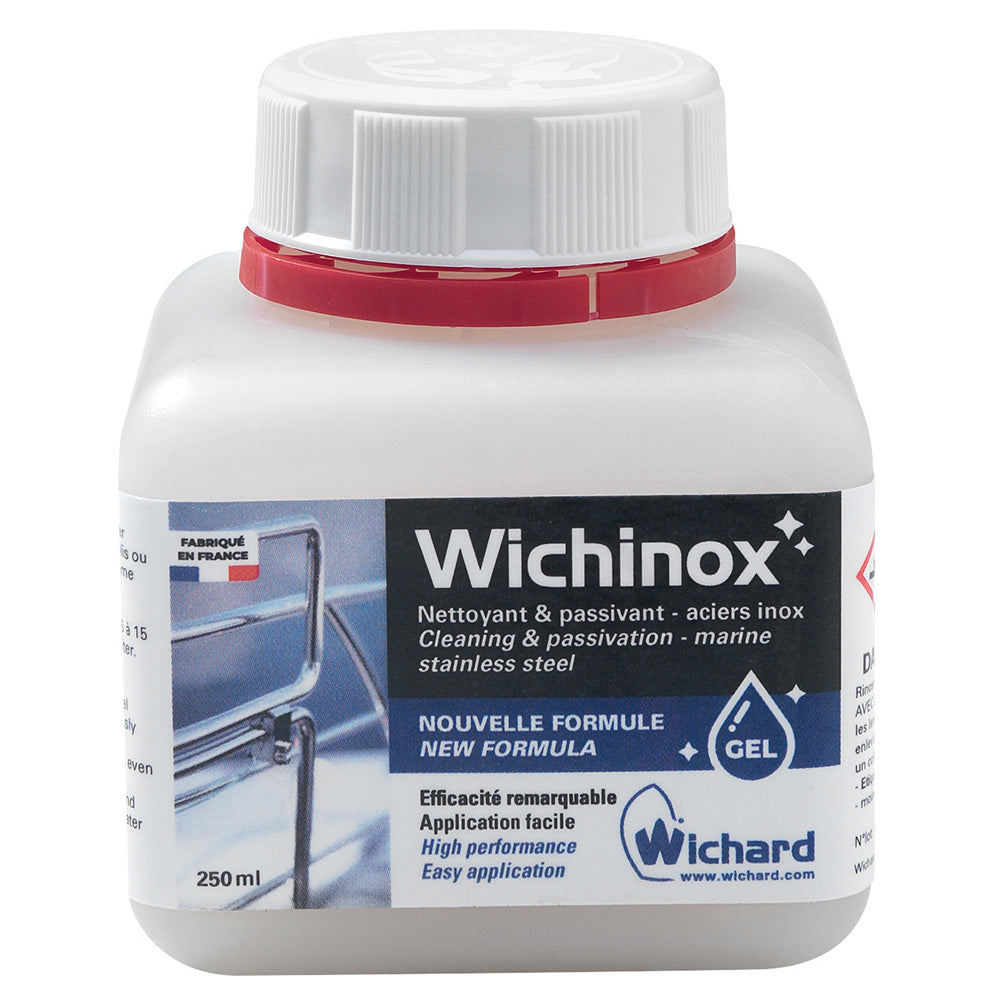 Wichard Wichinox cleaning and passivating gel in a 250ml bottle, used for marine metal maintenance and protection.