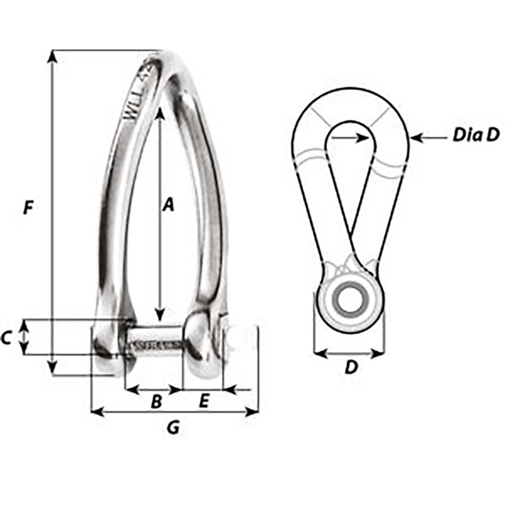 Wichard Marine 5mm twisted captive pin shackle, stainless steel, with a secure twisted pin for marine rigging and securing applications.