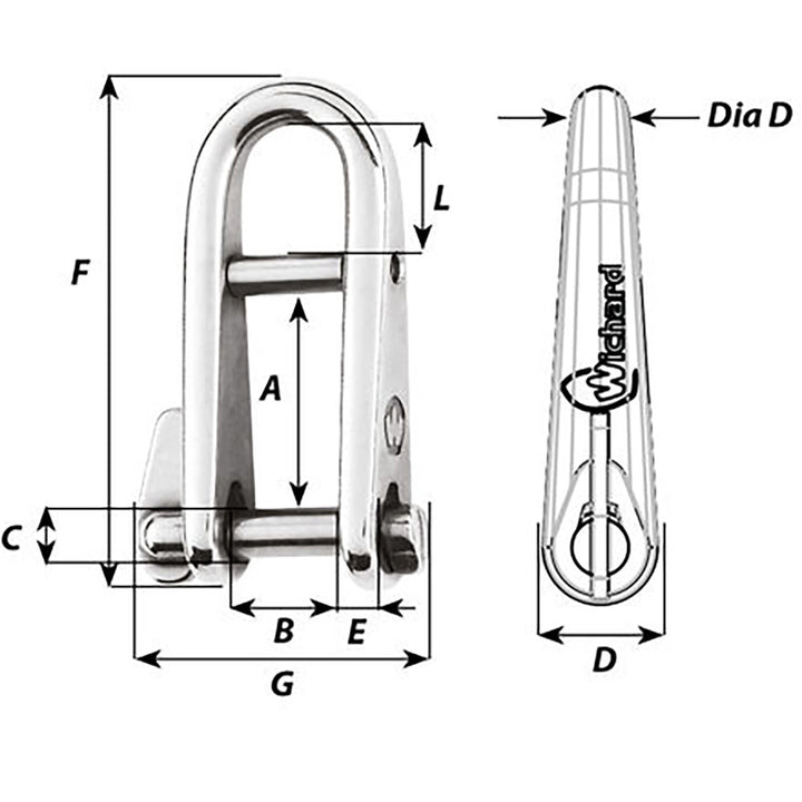 Manille à clé Wichard HR avec barre - Diamètre de la broche : 8 mm