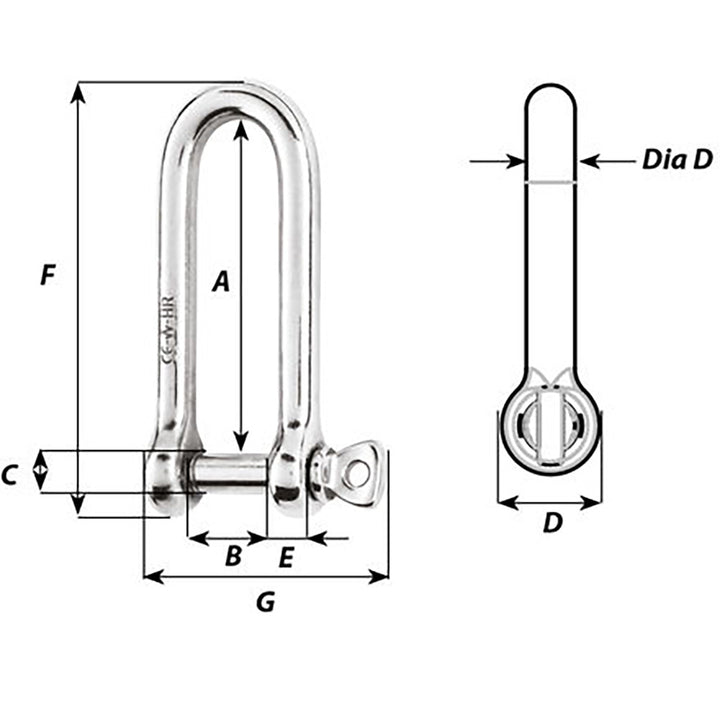 Wichard Marine HR Long D Shackle, 10mm diameter, with pin, used for marine rigging and securing applications.
