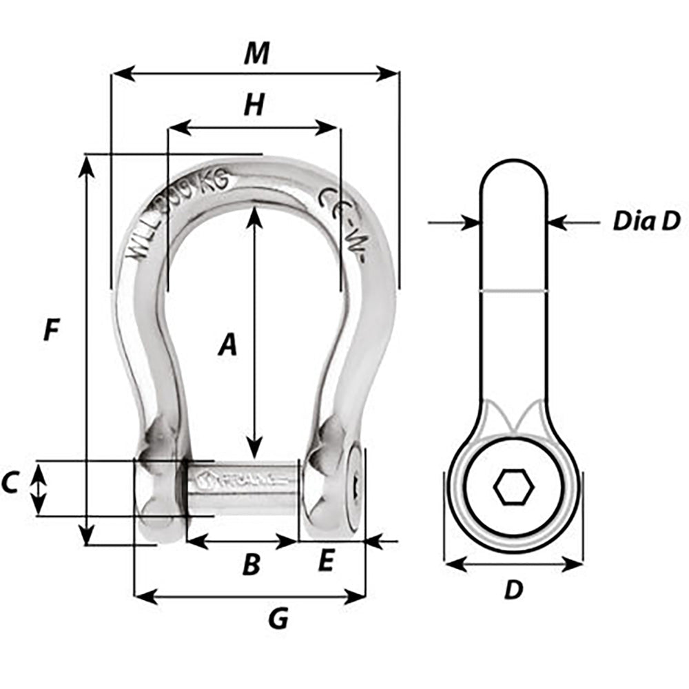Wichard Marine self-locking Allen head pin bow shackle, 8mm diameter, 5/16 inch, stainless steel marine hardware for secure attachment.