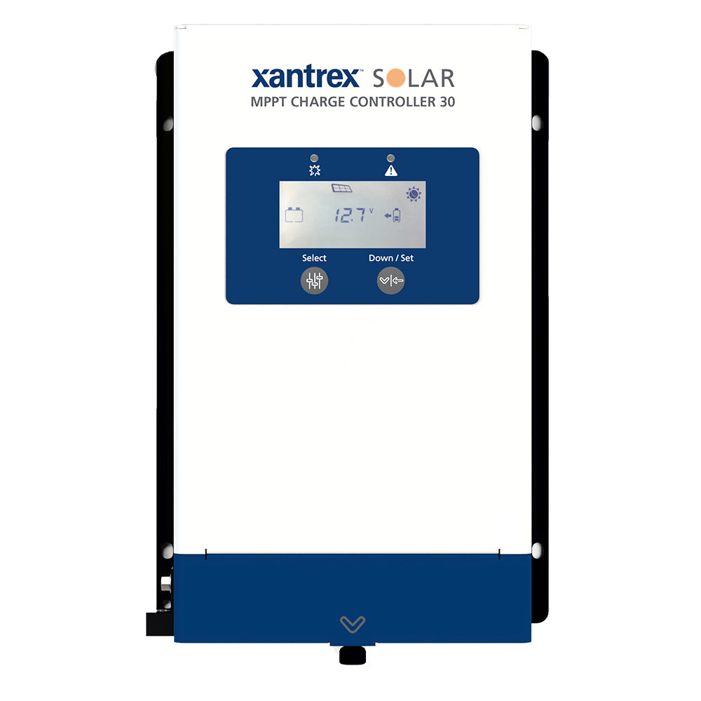 Xantrex 30A MPPT Charge Controller for battery management, with digital display and connection ports for solar power systems.