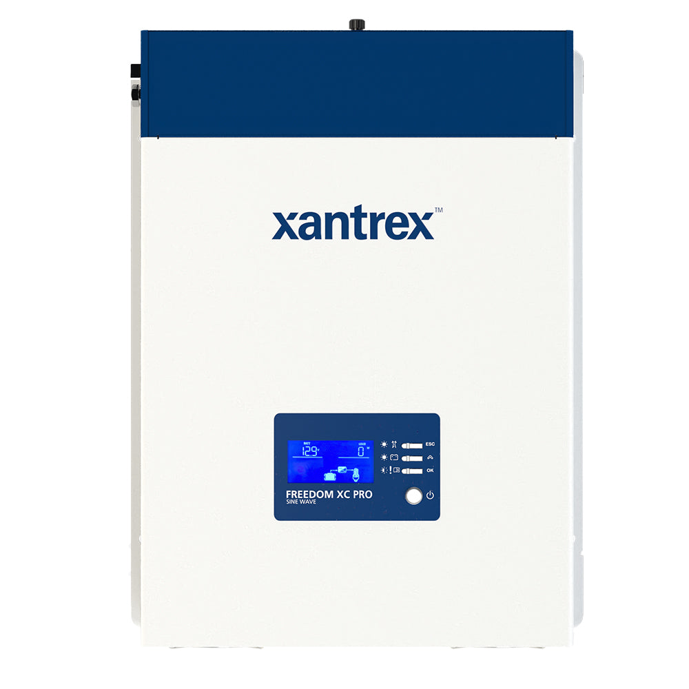 Xantrex Freedom XC PRO Marine 3000W inverter and 12V charger combo, showing the device with control panel and wiring connections.