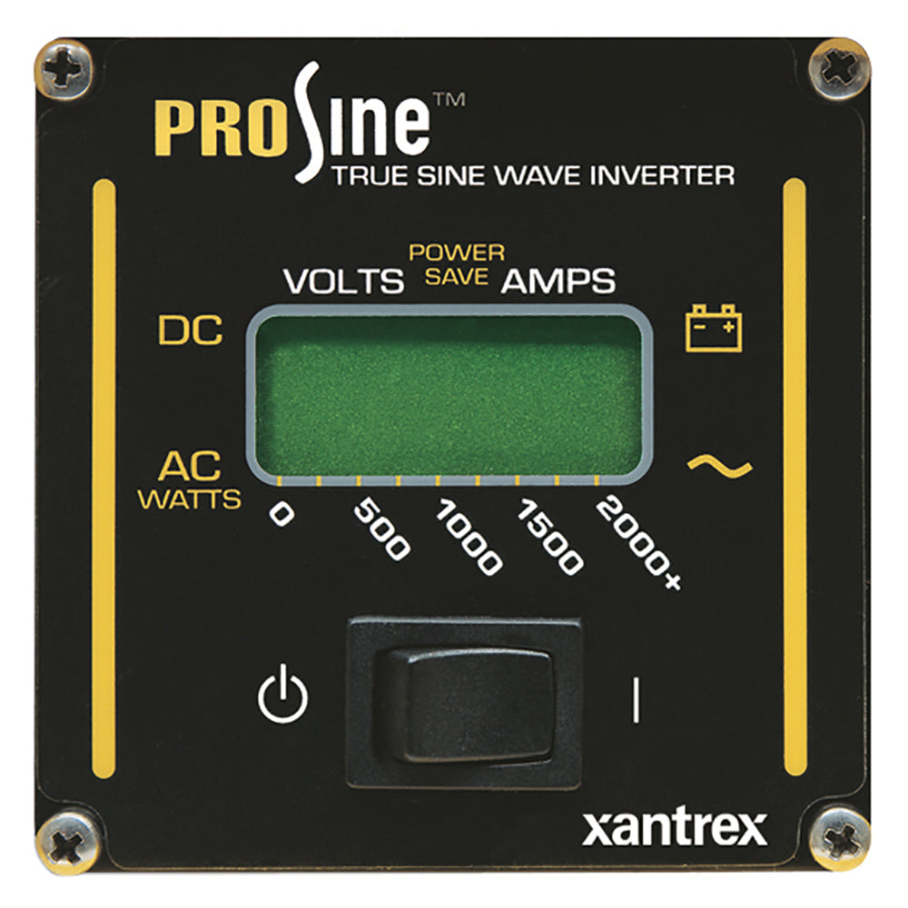 Xantrex PROsine remote LCD panel for electrical systems, showing digital display and control buttons on a black panel.