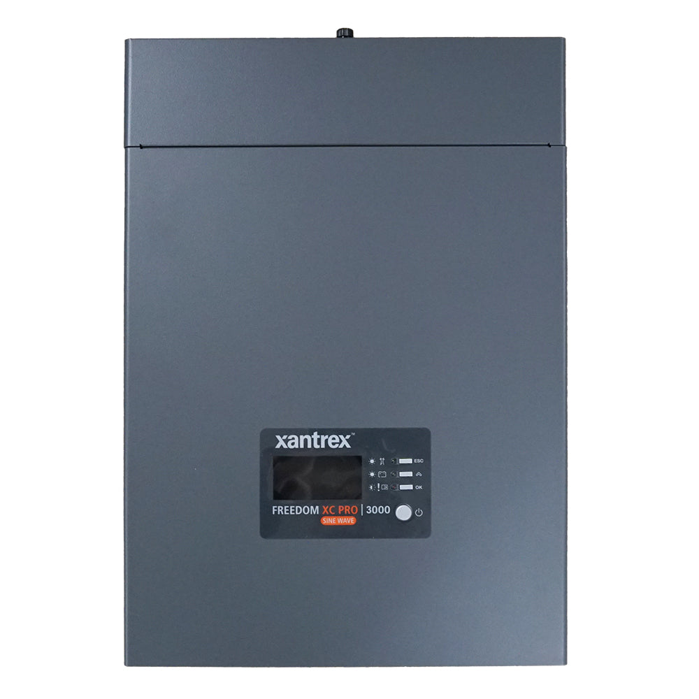 Xantrex Freedom XC Pro 3000 inverter/charger displaying the unit with digital controls and ventilation for 3000W power.