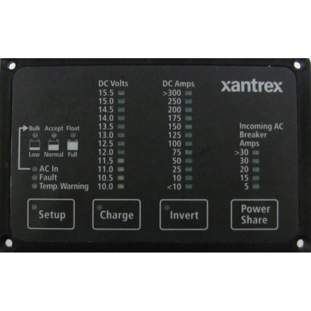 Xantrex Heart FDM-12-25 remote panel showing battery status for Freedom inverter/charger system.